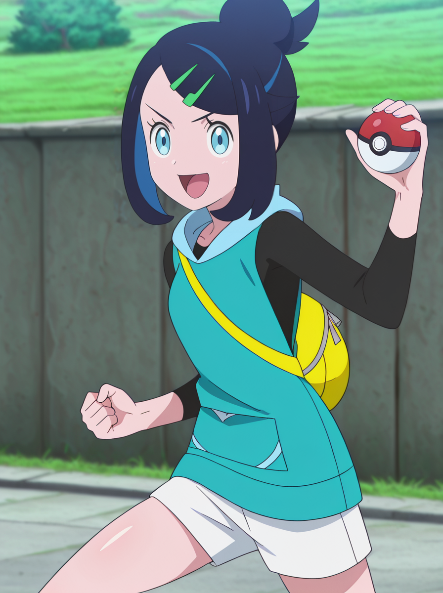 masterpiece, best quality, amazing quality, very aesthetic, absurdres, newest,shiny skin, anime screenshot, anime coloring,<lora:likoV2:1>likomegavoltage, long sleeves, 1girl, hair ornament, , blue eyes, black hair, smile, bag, shorts, single hair bun, blue hair looking at viewer, white_shorts  holding poke ball,  fighting stance,  serious open mouth,