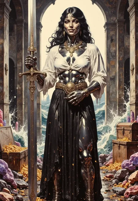 Realistic oil painting of a strong MetalFairy woman, with metallic chrome skin flowing black hair. She's wearing a flowing white blouse with a black leather pleated skirt, and black leather boots. The womans strong muscular frame grips a huge sword with one hand it's jagged blade glowing faintly with runic etchings. Her expression is that of amusement, her lips curved up in a smirk. Adorning her chest are an arrangement of necklaces with ancient symbols. She stands in large room filled with treasure chests filled with gold and massive multicolored crystals, the windows in the room look down towards a raging sea. Her metallic skin sparkles with crystalline dust, and sweat trickles down her cleavage and her huge muscles.