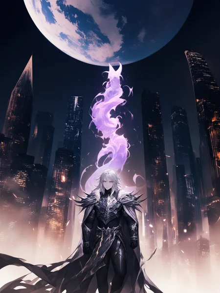 masterpiece, best quality, very aesthetic, absurdres,   .,, Aegon I Targaryen, (Height, Tall and imposing, above average height, a warrior and king:1), (Build, Strong and muscular, a powerful physique honed through years of combat and leadership:1), (Hair, Long, silver-gold hair, worn loose or flowing, striking and ethereal appearance:1), (Eyes, Violet or lilac eyes, exuding a piercing, almost otherworldly quality:1), (Skin, Pale complexion, emphasizes his unique and otherworldly presence:1), . , <lora:skyline-abstract:0.5>,  (cityscape, city, city lights, skyline, street, street view:0.7), background, abstract background,