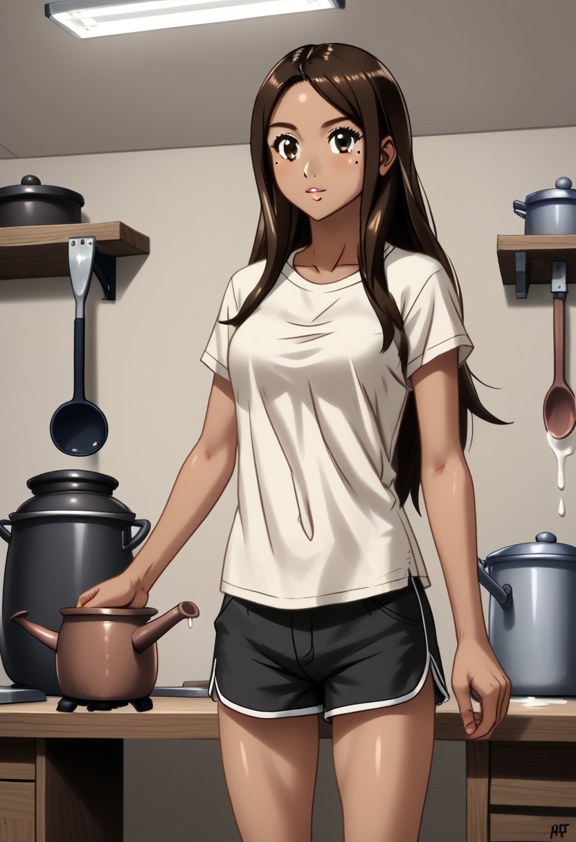 1girl, Clementine Morena, solo, hispanic, tan skin, brown eyes, athletic physique, brown hair, long hair, shiny hair, mole on left cheek, white t-shirt, black athletic shorts,
Intent expression, stirring pot, holding ladle, liquid in jars, 
variety, 
((Indoors, workshop, hotplate, pot, mason jars)), clean lines, smooth colors, sfw, source: semi-realistic, rating: pg, score: 8 up, score: 9