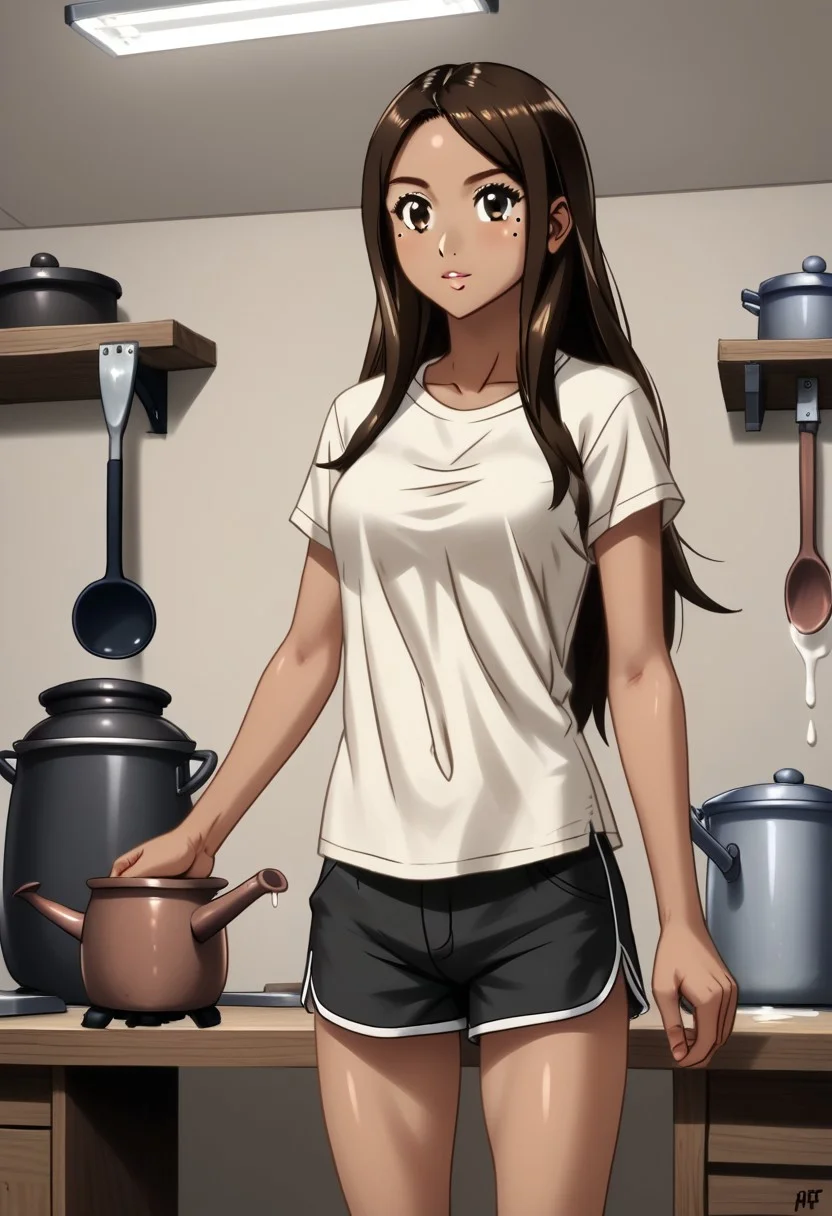 1girl, Clementine Morena, solo, hispanic, tan skin, brown eyes, athletic physique, brown hair, long hair, shiny hair, mole on left cheek, white t-shirt, black athletic shorts,
Intent expression, stirring pot, holding ladle, liquid in jars,
variety,
((Indoors, workshop, hotplate, pot, mason jars)), clean lines, smooth colors, sfw, source: semi-realistic, rating: pg, score: 8 up, score: 9