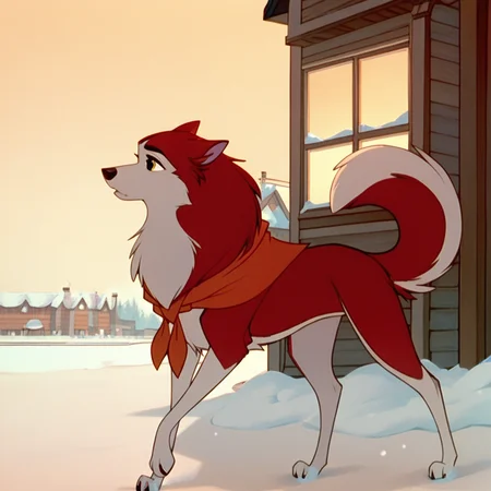 score_9, score_8_up, score_7_up, score_6_up, score_5_up, score_4_up, BREAK, 1girl, jenna\(balto\), two tone fur, red fur, canine, no humans, solo, amber eyes, neckerchief, animal, outside, snow, <lora:Jennabalto:1>