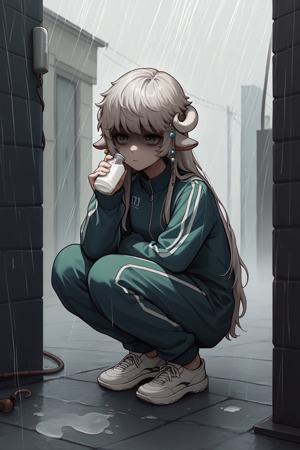 score_9, score_8_up, BREAK, 1girl, solo <lora:NSLaraMaplestory:1> NSLaraMisc, gray hair, gray eyes, long hair, curled horns, animal ears, hair beads, tracksuit, squatting, milk bottles, alleyway, shaded face, expressionless face, dim, raining