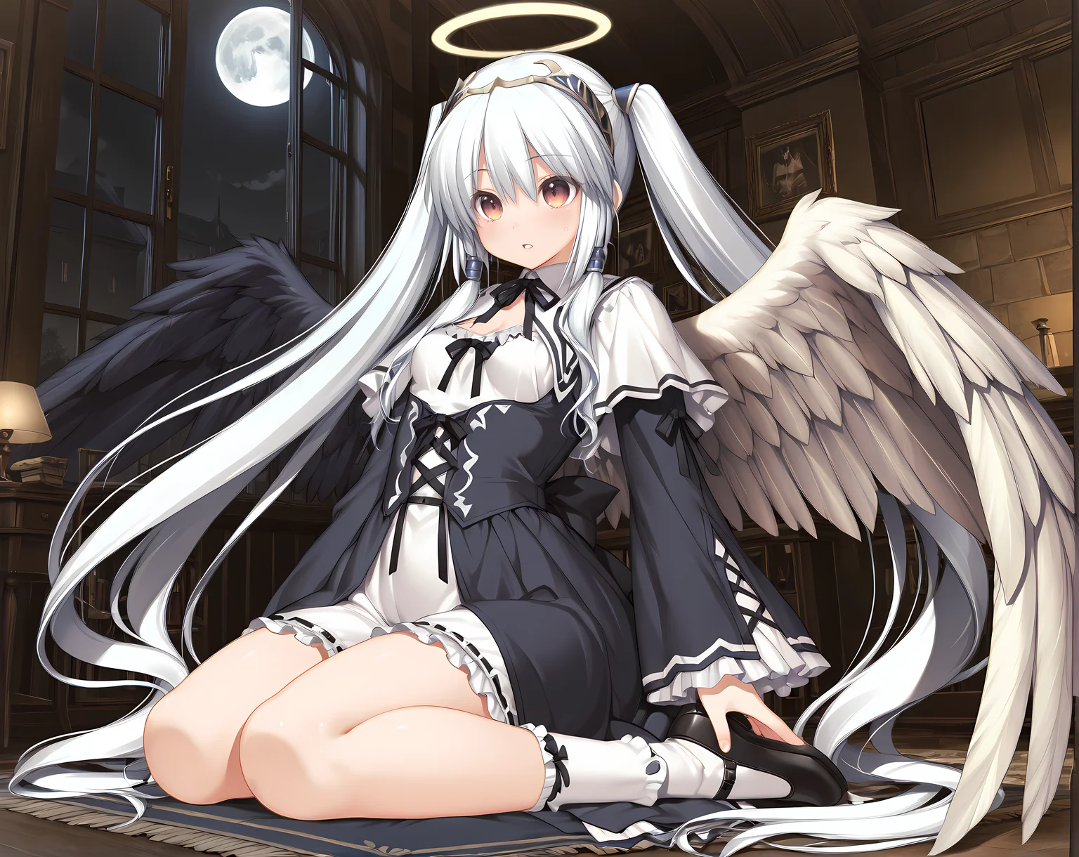 metisana,gmaid outfit,small breasts,twintails,halo,angel,angel wings,solo,moon,full body,socks,parted lips,<lora:Tenbin_no_La_DEA_Character_Pack_1:0.9>,indoors,night,, masterpiece,best quality,amazing quality, very aesthetic, absurdres,detailed eyes,ultra-detailed,