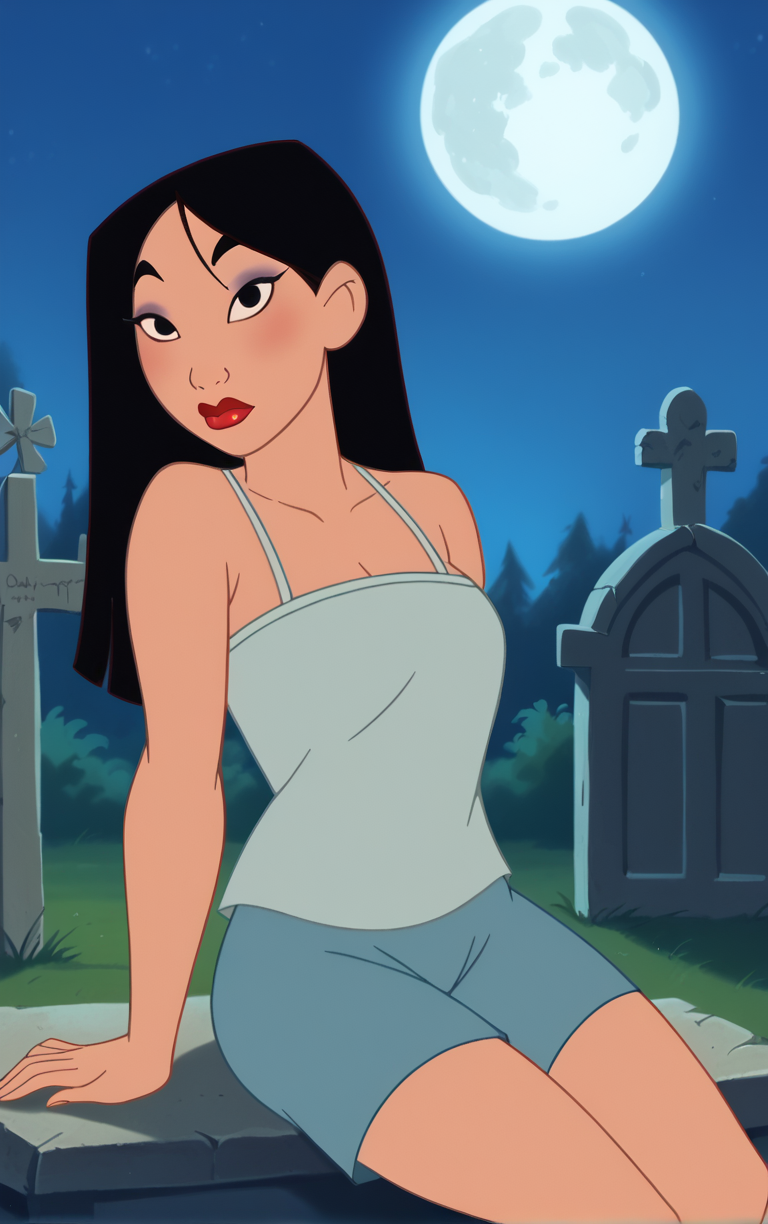 score_9, score_8_up, score_7_up, looking at viewer,  BREAK
TankTop_Fa_Mulan_ownwaifu, 
1girl, black hair, long hair, black eyes, lips, lipstick, wide-eyed, breasts, makeup, thick eyebrows,
camisole, blue shorts, shorts, bare shoulders, white camisole,  sleeveless,
(sitting, full moon), graveyard, grave, tombstone, moonlight, <lora:PONYXL_Fa_Mulan_Movie_ownwaifu:0.8> , depth of field, solo,