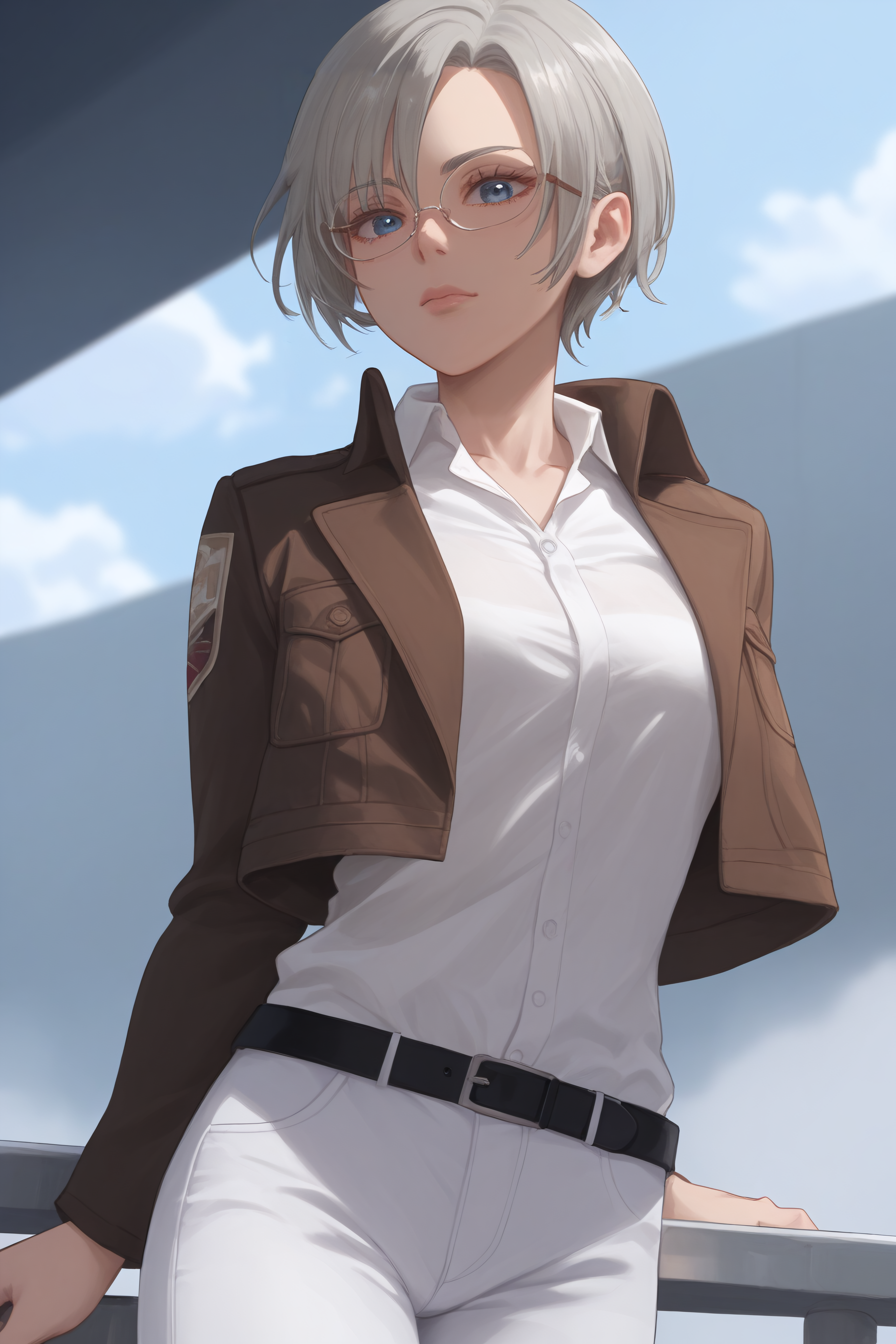 score_9, score_8_up, score_7_up, BREAK source_anime, <lora:Rico Brzenska-PonyXL-lora-Faxtron:1> rico brzenska, blue eyes, grey hair, short hair, medium breasts, glasses, white shirt, open cropped brown jacket, long sleeves, white pants, emblem, belt,