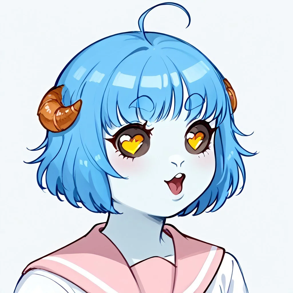 score_9, score_8_up,score_7_up, source_anime, pog,, open mouth, portrait,, looking at viewer, , looking to the side,, solo, 1girl, ahoge, short hair, blue hair, colored skin, light blue skin, thick eyebrows, colored sclera, heart-shaped pupils, yellow eyes, animal ears, furry, white shirt, pink sailor top, croissant hair clip,