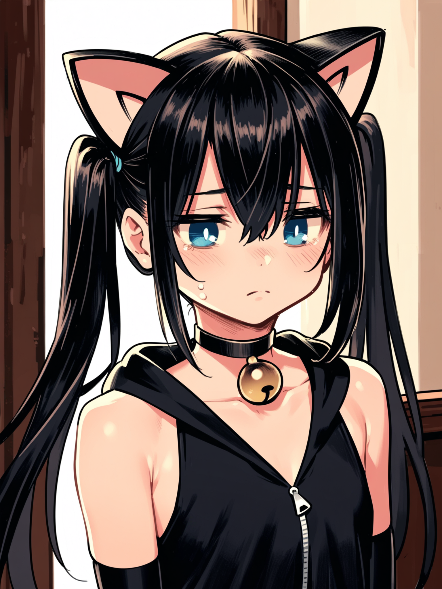 ht_halloweengirl, (flat chest:0.8), black hair, blue eyes, <lora:happy_tentacle-halloweengirl-v0.1-000045:1>, , elbow gloves, thighhighs, choker, neck bell, jingle bell, twintails, cat ears, cat tail, hooded jacket , indoors, 1girl, solo, portrait , unusually open eyes , (sad :1.1), , , standing , facing viewer , score_9, score_8_up, score_7_up, score_6_up, score_5_up, score_4_up
