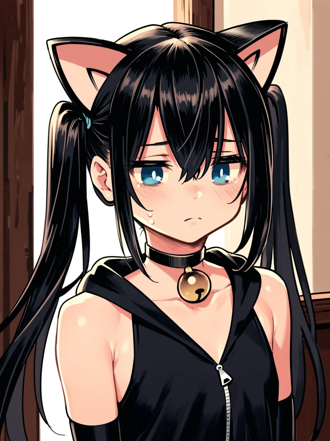 ht_halloweengirl, (flat chest:0.8), black hair, blue eyes, <lora:happy_tentacle-halloweengirl-v0.1-000045:1>, , elbow gloves, thighhighs, choker, neck bell, jingle bell, twintails, cat ears, cat tail, hooded jacket , indoors, 1girl, solo, portrait , unusually open eyes , (sad :1.1), , , standing , facing viewer , score_9, score_8_up, score_7_up, score_6_up, score_5_up, score_4_up