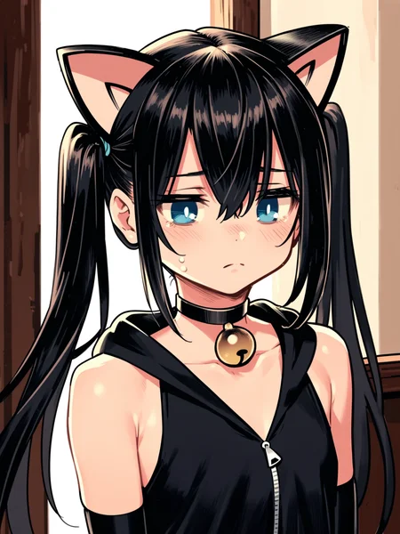 ht_halloweengirl, (flat chest:0.8), black hair, blue eyes, <lora:happy_tentacle-halloweengirl-v0.1-000045:1>, , elbow gloves, thighhighs, choker, neck bell, jingle bell, twintails, cat ears, cat tail, hooded jacket , indoors, 1girl, solo, portrait , unusually open eyes , (sad :1.1), , , standing , facing viewer , score_9, score_8_up, score_7_up, score_6_up, score_5_up, score_4_up