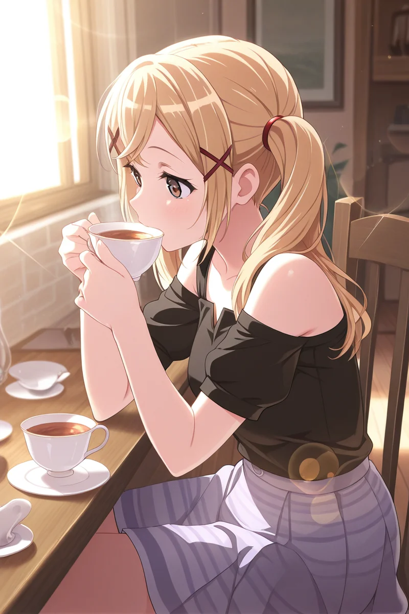 masterpiece, best quality, amazing quality,
<lora:Arisa_IL:1> arisa, 1girl, blonde hair, solo, twintails, skirt, cup, sitting, shirt, black shirt, x hair ornament, holding, hair ornament, indoors, teacup, plate, brown eyes, lens flare, casual