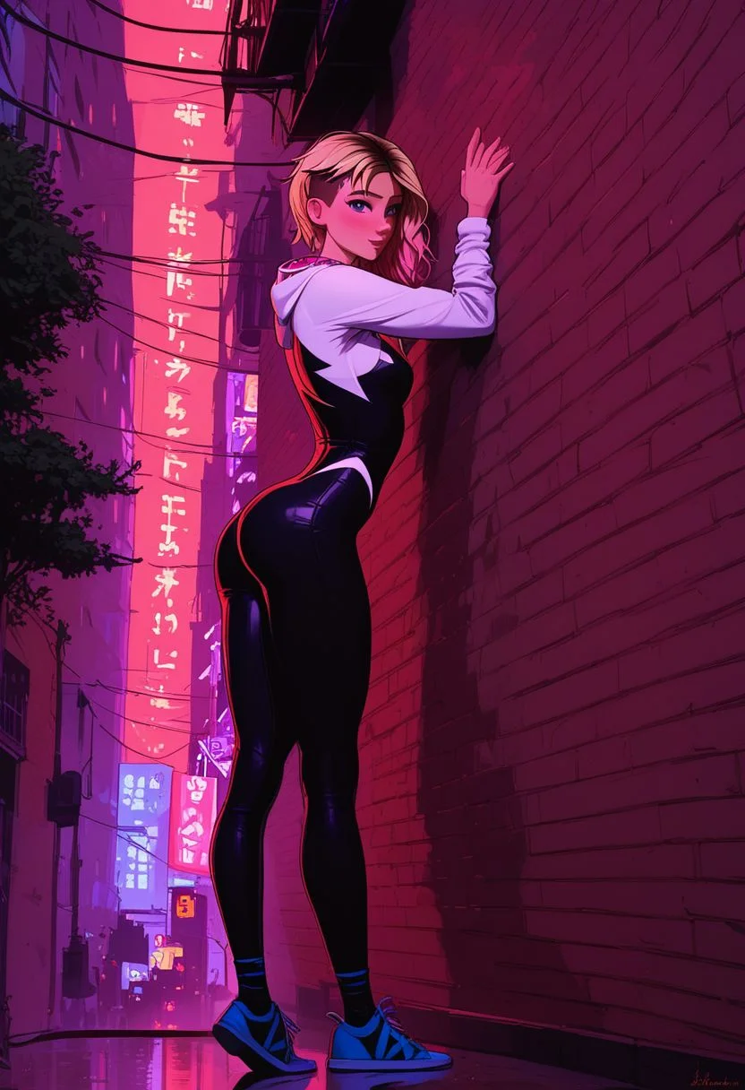 score_9, score_8_up, score_7_up, score_6_up, score_5_up, score_4_up, 1girl, spider gwen, tiny waist, flat stomach, skin tight costume, narrow hips, petite, small body, small tight ass, pinup pose, full body image, side view, New York City at night, outdoors, looking at viewer