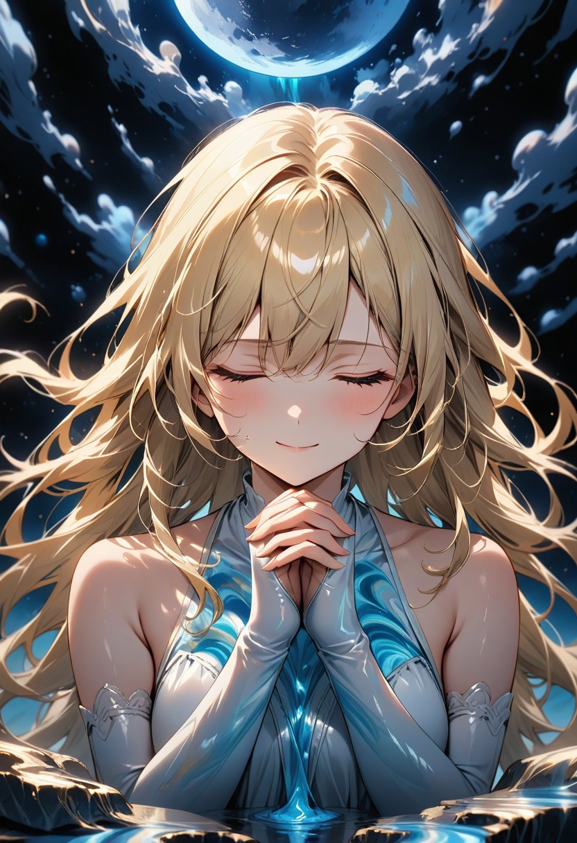 ((masterpiece), (best quality), (ultra-detailed), 
, 1woman, light,  upper body, long hair, blonde hair,
elbow gloves, illustration, 2DMM,
dress made of Liquid Marble,  black blindfold, blind, offer prayers, pray pose, hands together,
upper body, moon, standing on the edge of a destroyed bridge,  white dress, belt,
From side-above, space, night, sky, Liquid Marble,   face focus, portrait, soft smile, chin up, clean sky,
 )