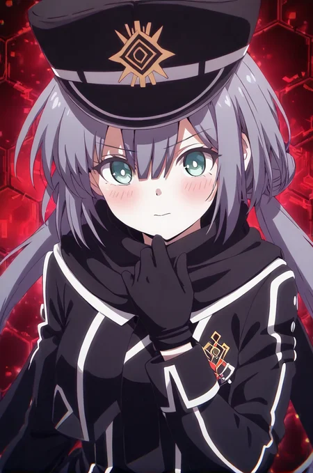 sky striker ace - roze,1girl,looking at viewer,<lora:SkyStrikerAce-style:1>,anime,
1girl,solo,looking at viewer,closed mouth,blush,black peaked cap,red glitch,black scarf,black military uniform,black gloves,red background,low twintails,red honeycomb background,, masterpiece,best quality,amazing quality,