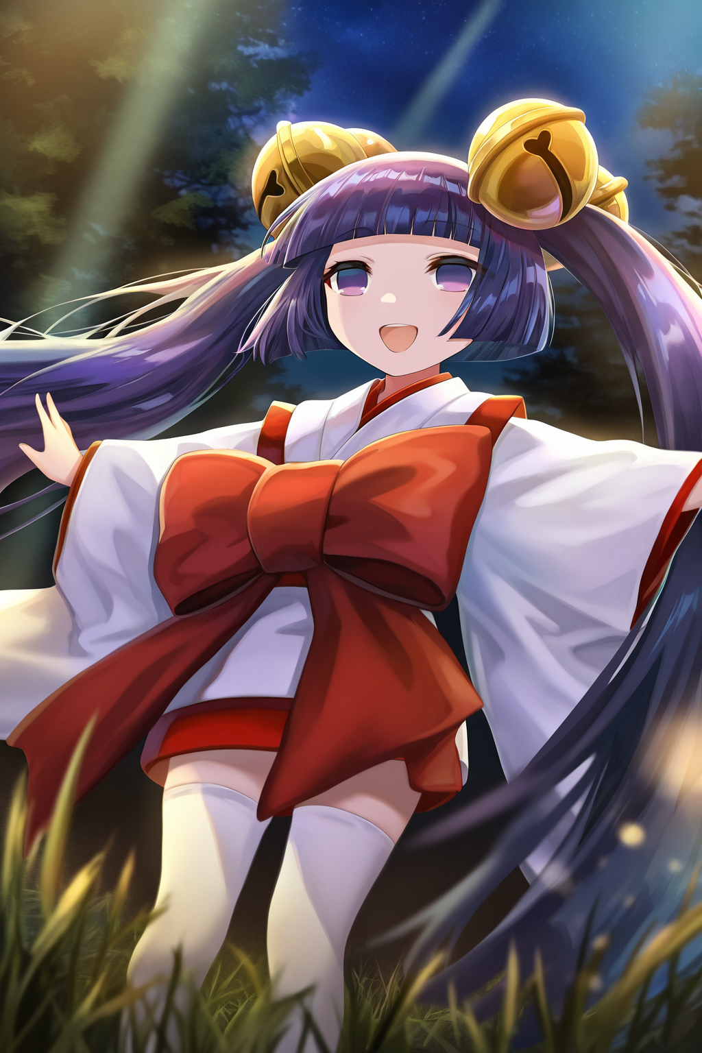 torino aqua, <lora:sumomo_kotoko_illustrious_xl_v2:1>, kotoko, hair bell, very long hair, twintails, purple hair, purple eyes, no pupils, solo,
white kimono, wide sleeves, red bow, white thighhighs,
feet out of frame, standing, happy, open mouth, smile, spread arms,
outdoors, forest, tree, night sky, grass, bush, dark theme, moonlight, light rays,
masterpiece, best quality, newest, absurdres, highres