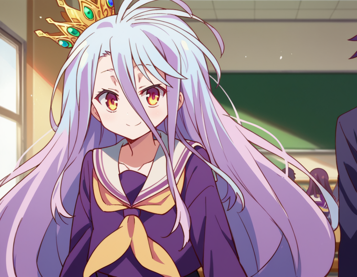 score_9, score_8_up, score_7_up, source_anime,
ngnlshiro, <lora:ngnl-shiro-s1-ponyxl-lora-nochekaiser:1>
shiro, long hair, hair between eyes, very long hair, white hair, messy hair, yellow eyes,
crown, shirt, long sleeves, school uniform, serafuku, sailor collar, neckerchief, white sailor collar, yellow neckerchief,
indoors, classroom, bent over, smile,
looking at viewer, dutch angle, cowboy shot