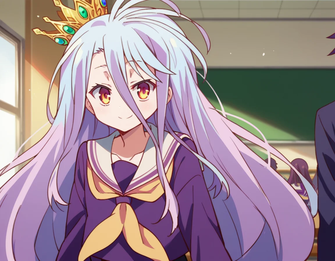 score_9, score_8_up, score_7_up, source_anime,
ngnlshiro, <lora:ngnl-shiro-s1-ponyxl-lora-nochekaiser:1>
shiro, long hair, hair between eyes, very long hair, white hair, messy hair, yellow eyes,
crown, shirt, long sleeves, school uniform, serafuku, sailor collar, neckerchief, white sailor collar, yellow neckerchief,
indoors, classroom, bent over, smile,
looking at viewer, dutch angle, cowboy shot