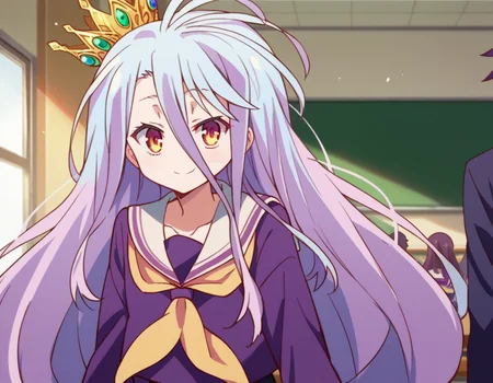 score_9, score_8_up, score_7_up, source_anime,
ngnlshiro, <lora:ngnl-shiro-s1-ponyxl-lora-nochekaiser:1>
shiro, long hair, hair between eyes, very long hair, white hair, messy hair, yellow eyes,
crown, shirt, long sleeves, school uniform, serafuku, sailor collar, neckerchief, white sailor collar, yellow neckerchief,
indoors, classroom, bent over, smile,
looking at viewer, dutch angle, cowboy shot