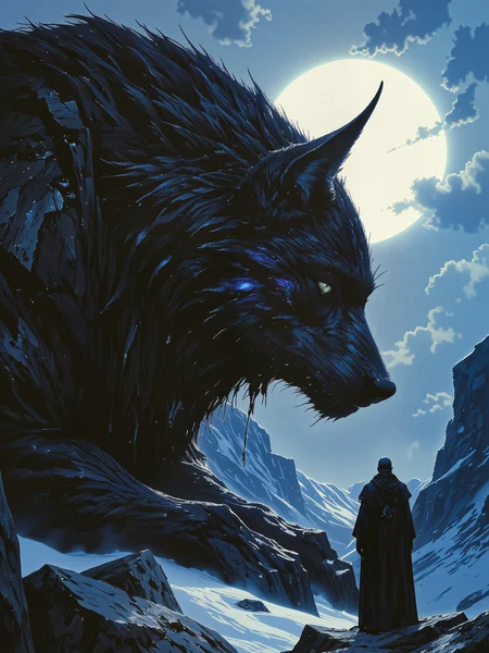 famous digital artwork, dark, high resolution, hyper realistic, uhd, 8k, 4k, dramatic, dutch angle, diagonal composition, epic, highly aesthetic, accurate, born on the breath of winters cold wind, a feral beast with eyes like the sky, sent by the spirits to guide and protect, the ultimate honor to die by his side, the sweetest memory is the time taken, to sow the seeds of love in times of death, forged in the frost covered heart of the mountain, a sacred bind amongst wolf and his man, to honor and carry the hearts of each other, as long as i live i'd give my life for his, ghastly ichor, shimmering potion, undead beast, forgotten prophecy, shattered cosmos, distorted time, ancient architecture, lovecraftian, cthulhu mythos, r3alisticf, ne0nfant4sy, midjourney_whisper_avant_couture, <lora:style-luis_royo-flux-by_tosave:0.6> <lora:style-mythic_fantasy-realistic-flux-by_velvets:0.72> <lora:style-neon_fantasy-flux-by_neowave:0.4> <lora:epic_gorgeous_details-balance-flux-by_flyway:0.4> <lora:midjourney_whisper_avant_couture-flux-by_aihonobono2023:0.4>
