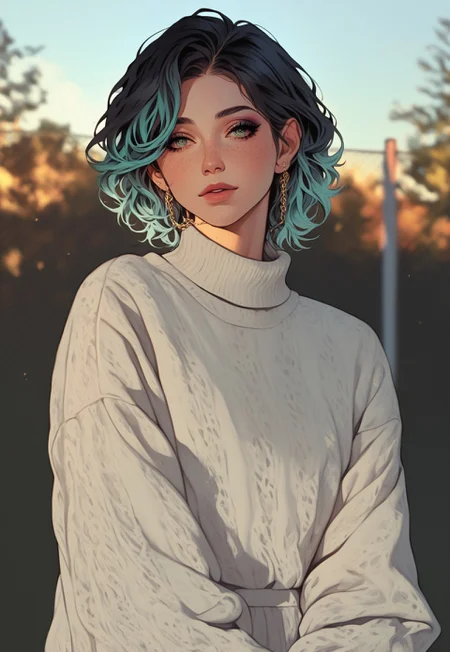 score_9, score_8_up, pastel colors, high contrast, anime girl, standing beside chain-link fence,
intricate Nordic knit sweater (green, navy:1.2), shoulder-length dark hair (natural highlights:0.9),
dappled sunlight through fence, volumetric shadows patterning face, rim lighting, soft expression,
artistic lighting, depth of field, calm urban setting, warm afternoon tones, cinematic shadows,
semi-realistic texture, (highly detailed eyes:1.0), elegant atmosphere, source_anime, semi-realism, makeup,