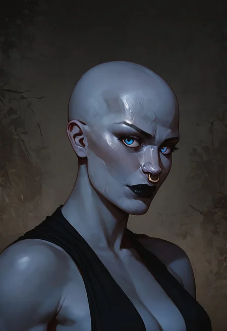 safe_pos, score_9, score_8_up, score_7_up, score_9, score_8_up, score_7_up, a rattataki female alien from star wars who is wearing a raider outfit, has a bald head, grey skin, blue eyes, the picture should look like an adult movie poster. Toned female, black lips, nose ring, in a wasteland, smooth bald head, showing off her tits, nsfw, 