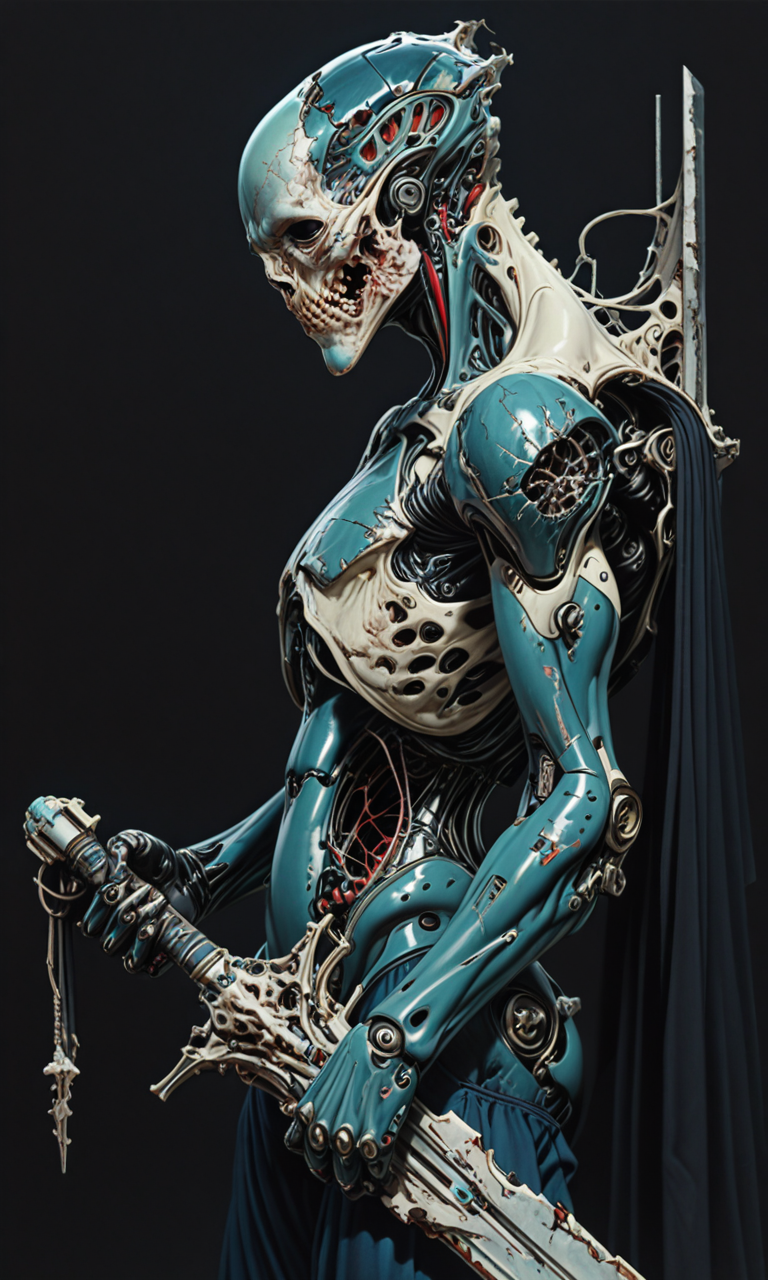 unit 06, blue-skinned mechanized humanoid with a cracked, skull-like head holding a sword, set against a dark background.. <lora:HyperdetailedColoredPencilIl:0.9>  <lora:- iLL - assorted_batch1_V1.0-step00005000:.8>  <lora:- iLL - the_edgy_mech_V2.0-step000013500:0.5>