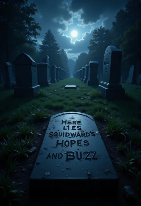 aidmaMJ6.1, aidmatextimprover.The landscape is a dark graveyard, the subject is a grave with the words:"Here lies squidward's hopes and buzz".