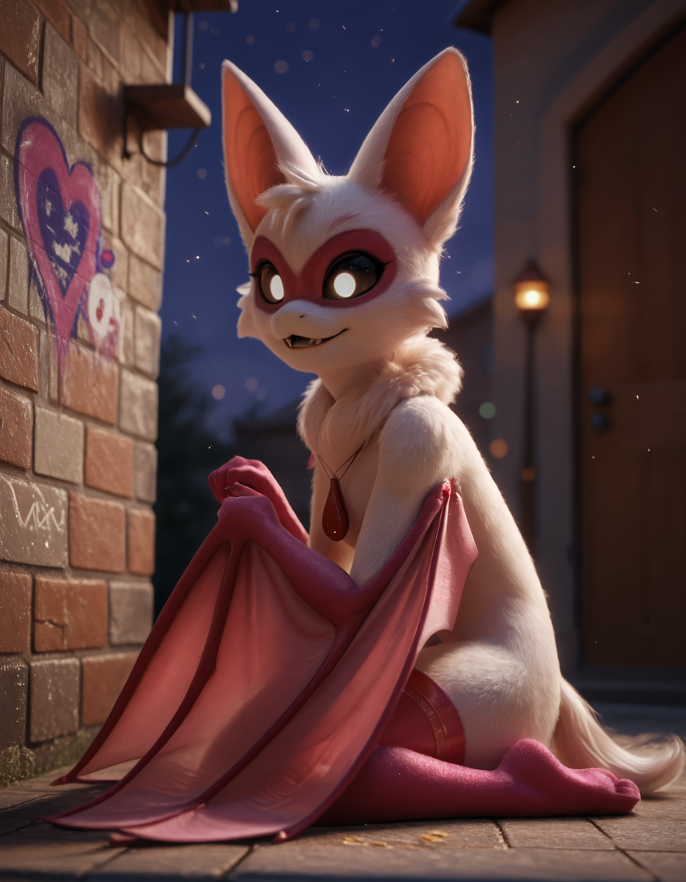 score_9, score_8_up, score_7_up BREAK source_furry, rating_safe, SSAO, detailed, (depth of field:1.1), detailed shadows, ambient occlusion, cinematic lighting, particles, graffiti, ray tracing, reflections, decals, masterpiece, best quality, ultra realistic, detailed eyes, 4k, 2k, film photography, RAW photo, photorealistic, analog style, subsurface scattering, photorealism, detailed eyes, perfect eyes, <lora:add-detail-xl:3.0>, <lora:sinfully_stylish_SDXL.safetensors:1.0>, <lora:AdvancedEnhancerXLv2.safetensors:1.0>, dutch angle, detailed eyes, (detailed background:1.2), anthro, <lora:Rabie_Baby_Poppy_Playtime.safetensors:0.9>, rab1e_b4by, adult female, bat, hands, solo, bat ears, membranous wings, white fur, anthro, body fur, fur, bat ears, 1girl, pink fur, white eyes, black sclera, two-tone fur, wings, seductive, smug, (clothed mouth:1.15), tuft, night, full body, outdoor,   (from side, sitting on facecross-section:1.15)