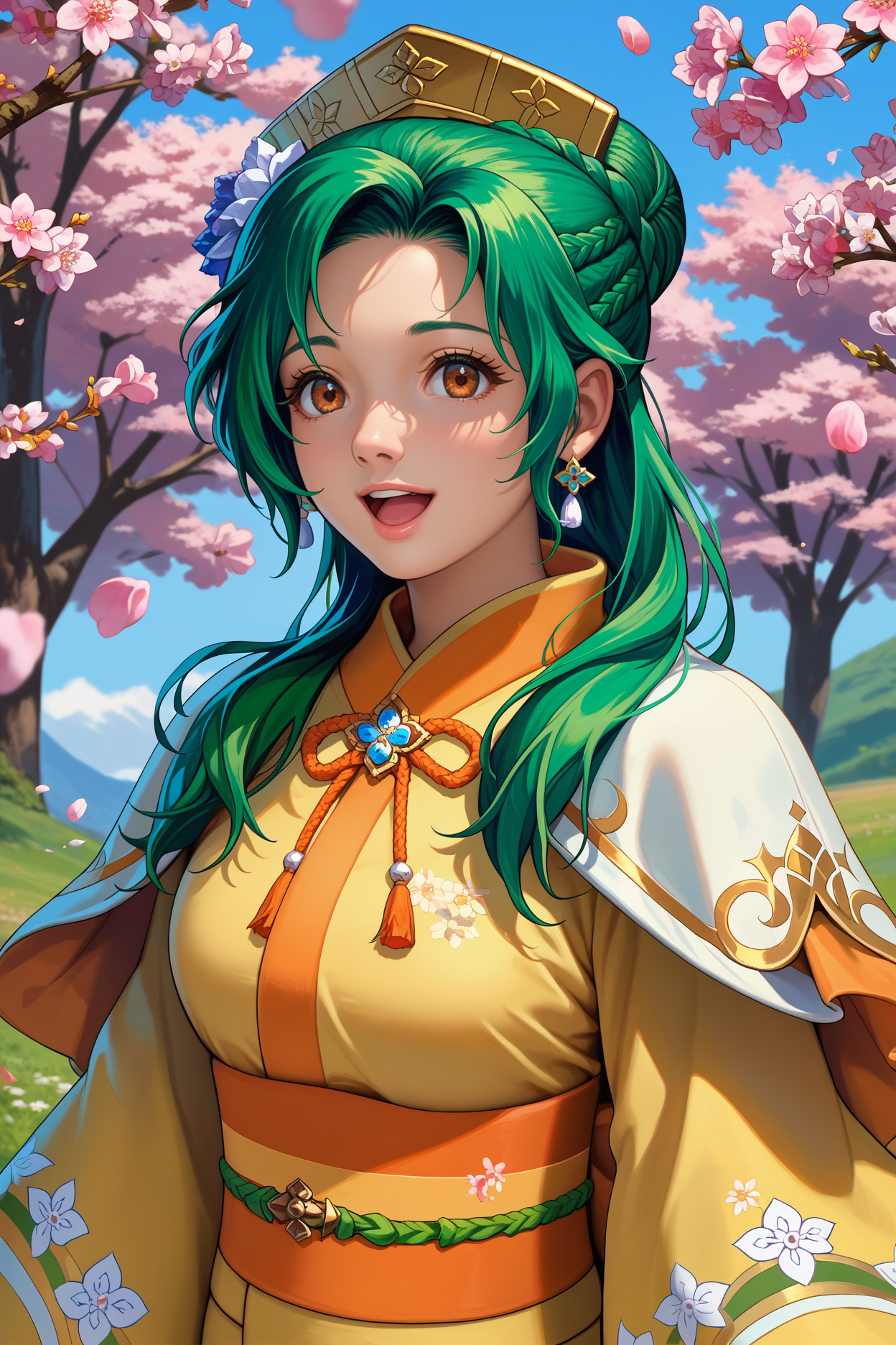 score_9, score_8_up, score_7_up, score_6_up, source_anime, 1girl, solo, <lora:elincia-pdxl-nvwls-000005:1> hsElincia, green hair, hair bun, long hair, braid, brown eyes, hair flower, hat, white capelet, orange kimono, sash, wide sleeves, floral print, large breasts, cherry blossoms, open mouth, amazed, looking up, blue sky, happy, looking at you