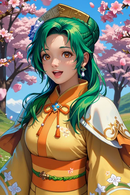 score_9, score_8_up, score_7_up, score_6_up, source_anime, 1girl, solo, <lora:elincia-pdxl-nvwls-000005:1> hsElincia, green hair, hair bun, long hair, braid, brown eyes, hair flower, hat, white capelet, orange kimono, sash, wide sleeves, floral print, large breasts, cherry blossoms, open mouth, amazed, looking up, blue sky, happy, looking at you