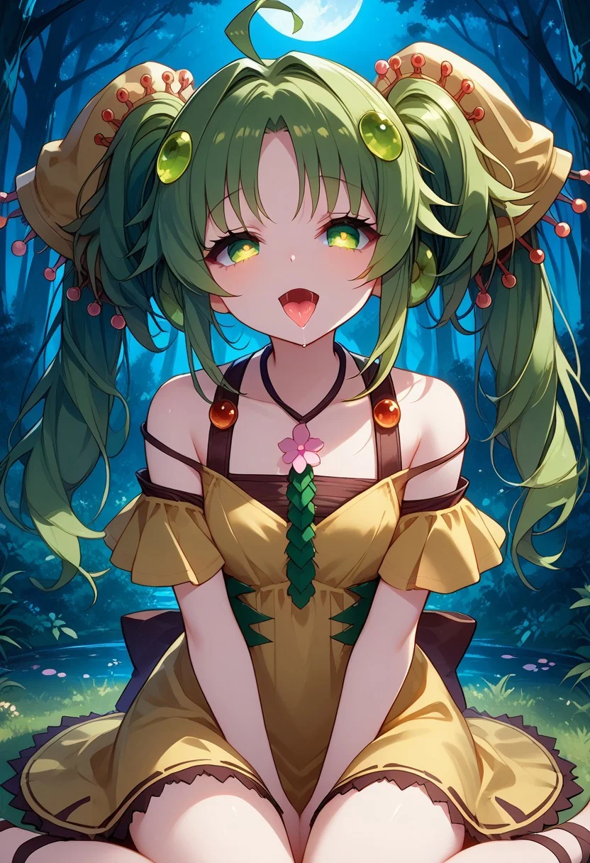 score_9, score_8_up, score_7_up, Best quality, HD, extremely detailed, stunning beautiful, high definition, source_anime, solo, Expressiveh, detailed eyes, eyesHD,green hair,twintails,green eyes,dress,yellow dress,ahoge,hair ornament, in the forest, predator eyes, eyes shining, ((dark forest)), predator lust look, small tits, mouth open, saliva, tongue out, ((night)), sitting, high angle shot, moon rays, presenting tits, glowing eyes, (smug), forehead shadow, traptrix sera