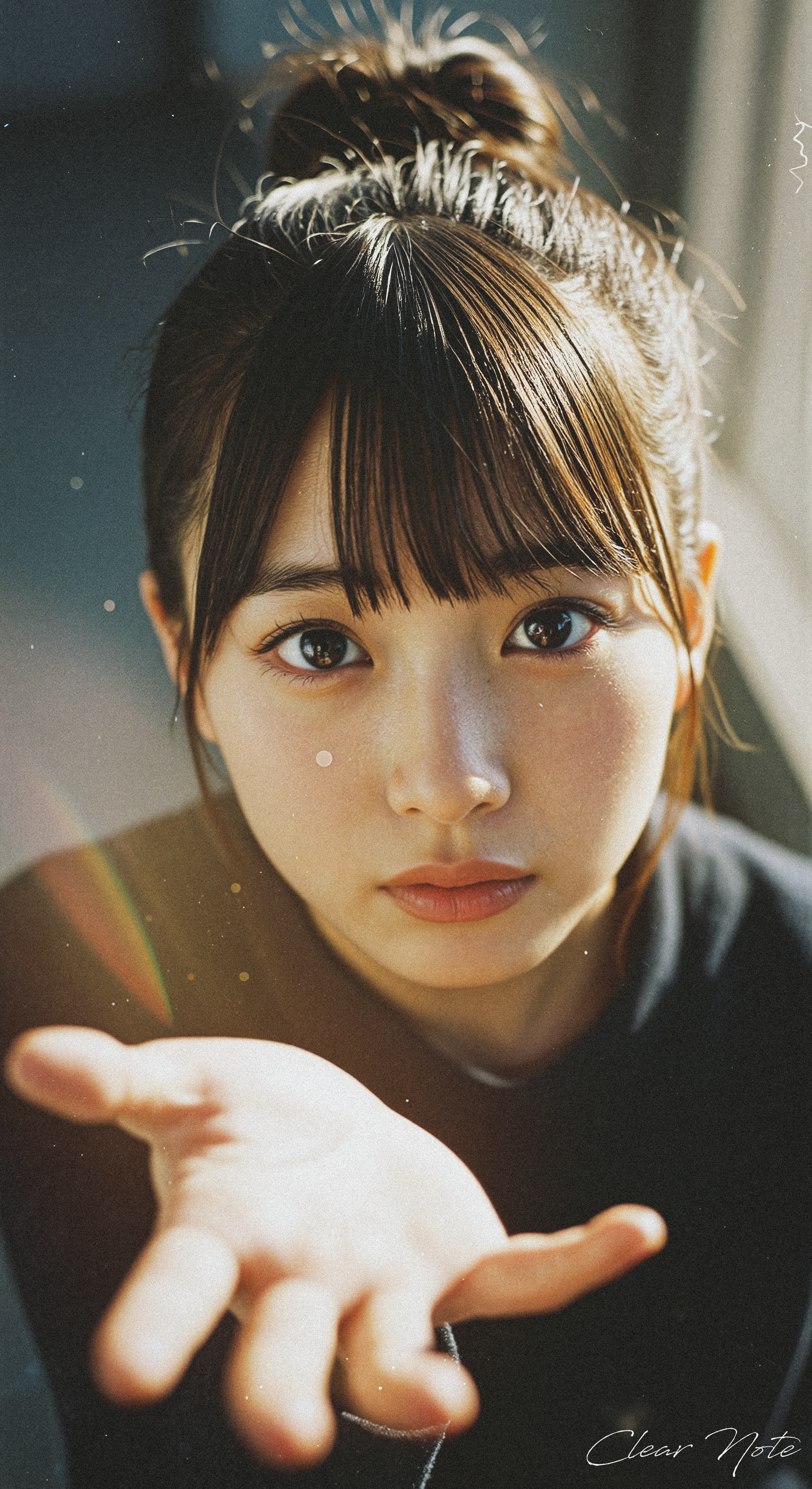 Japanese Culture Style, Emotional Photos, 35mm film, soft focus, A close-up of a young Japanese woman with large, expressive eyes and soft facial features. She gently extends her hand to the viewer with a kind and heartfelt gesture. It's okay, you're not alone.
