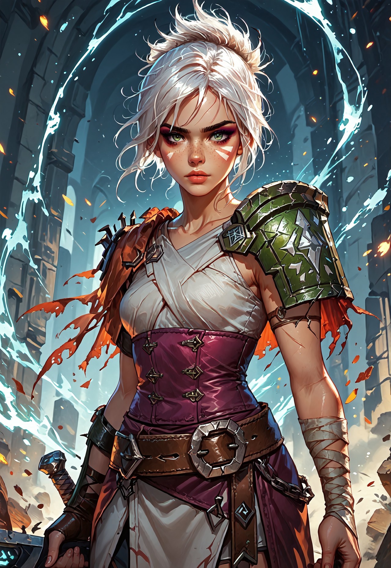 ((zPDXL3)), ((masterpiece,best quality, highly detailed)), ((score_9)), score_8_up, score_7_up, score_6_up, score_5_up, score_4_up, Digital painting style, brushstrokes, ((EnhanceImage)), solo, rvn, white hair, short hair, ponytail, rvn, short hair, ponytail, facial mark, eyeshadow, top, criss-cross halter, single pauldron, shoulder armor, single glove, bandaged arm, corset, belt, skirt, single greave, (huge weapon, sword, broken weapon, magic), Expressiveh, tanned-skin, 30yo, adult lustful confident woman, petite, slender body, perky saggy natural breasts, full lips, bangs, sidelocks, straps,
chinese magical sorceress, animated, swirling magic, wisps of magic, dancing pose, tight squeezed outfit, magical accessories, evoking motion, conveying motion, dynamic splash art, 
<lora:PainterlyFantasiaPDXL:0.6>,