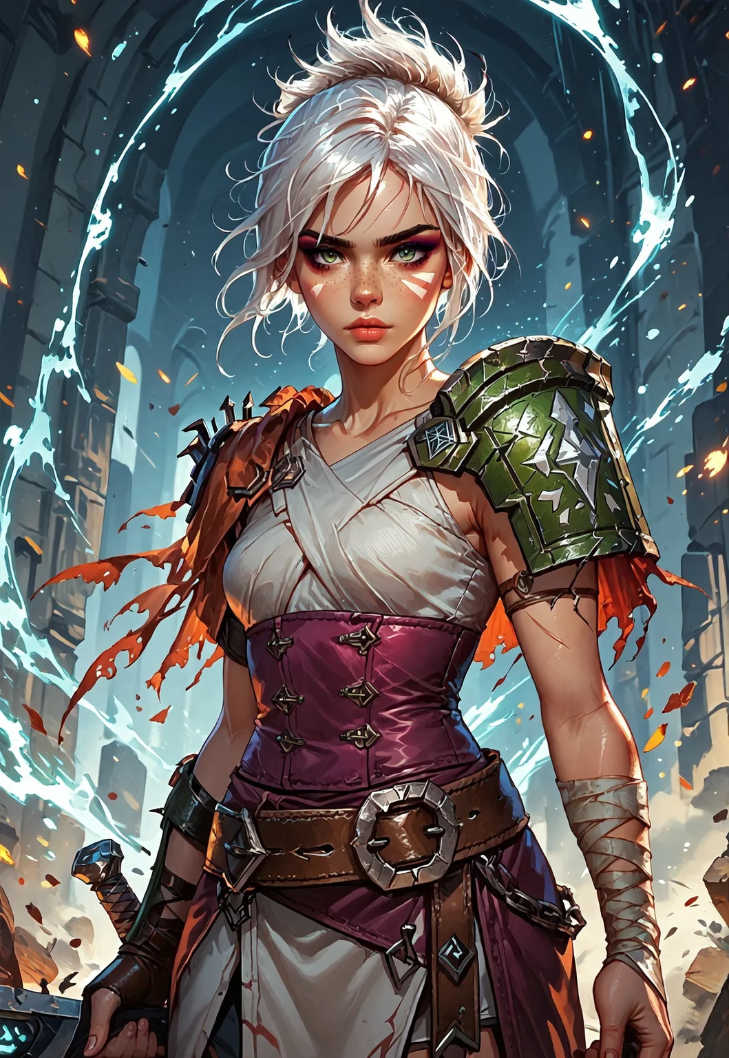 ((zPDXL3)), ((masterpiece,best quality, highly detailed)), ((score_9)), score_8_up, score_7_up, score_6_up, score_5_up, score_4_up, Digital painting style, brushstrokes, ((EnhanceImage)), solo, rvn, white hair, short hair, ponytail, rvn, short hair, ponytail, facial mark, eyeshadow, top, criss-cross halter, single pauldron, shoulder armor, single glove, bandaged arm, corset, belt, skirt, single greave, (huge weapon, sword, broken weapon, magic), Expressiveh, tanned-skin, 30yo, adult lustful confident woman, petite, slender body, perky saggy natural breasts, full lips, bangs, sidelocks, straps,
chinese magical sorceress, animated, swirling magic, wisps of magic, dancing pose, tight squeezed outfit, magical accessories, evoking motion, conveying motion, dynamic splash art,
<lora:PainterlyFantasiaPDXL:0.6>,