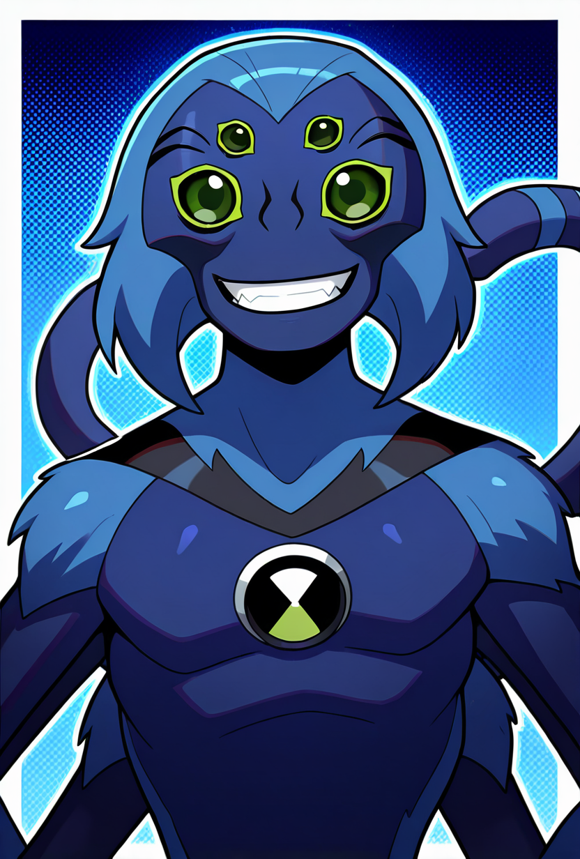 <lora:spidermonkey-09:1> spidermonkey, extra eyes, solo, blue skin, extra arms, long blue tail, , green eyes, teeth, blue hair, pokemon (creature), blue background, smile, teeth, fangs, upper body, halftone effect, white borders, abstract background:1.2,, masterpiece, best quality, amazing quality, very aesthetic, absurdres, newest,