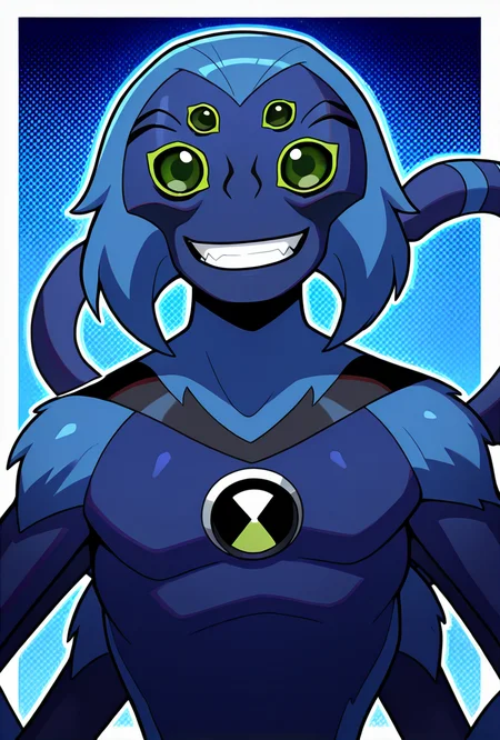 <lora:spidermonkey-09:1> spidermonkey, extra eyes, solo, blue skin, extra arms, long blue tail, , green eyes, teeth, blue hair, pokemon (creature), blue background, smile, teeth, fangs, upper body, halftone effect, white borders, abstract background:1.2,, masterpiece, best quality, amazing quality, very aesthetic, absurdres, newest,
