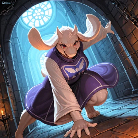 masterpiece, best quality, high quality, very aesthetic, very awa , anthro, solo ,female , toriel , dungeon , clothed, (detailed background:1.2), (dynamic angle:1.2) , (badass:1.1) , (epic:1.2), (dynamic pose:1.2), front view ,
