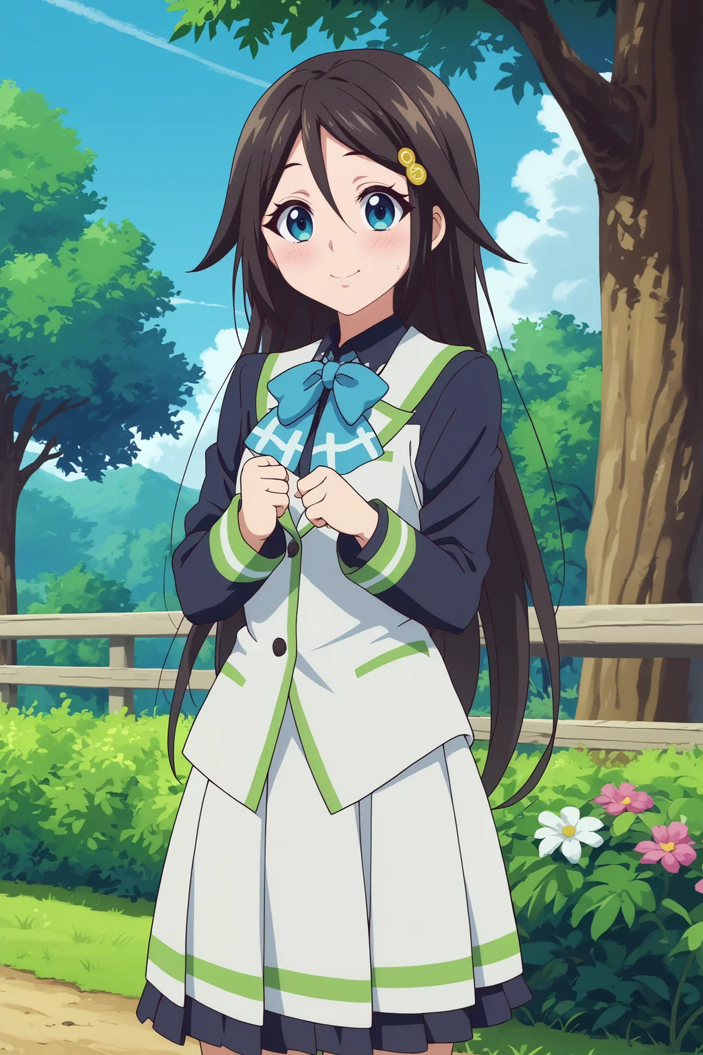  reina izumi,1girl,solo,smile,long hair,hair ornament,looking at viewer,school uniform,bow,hairclip,skirt,hair_between_eyes,blush,looking_back,cowboy_shot BREAK outdoors,forest,tree,blue sky,flower     <lora:Reina_Izumi_-_Musaigen_no_Phantom_World.safetensors:0.8> 
