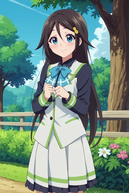 reina izumi,1girl,solo,smile,long hair,hair ornament,looking at viewer,school uniform,bow,hairclip,skirt,hair_between_eyes,blush,looking_back,cowboy_shot BREAK outdoors,forest,tree,blue sky,flower <lora:Reina_Izumi_-_Musaigen_no_Phantom_World.safetensors:0.8>