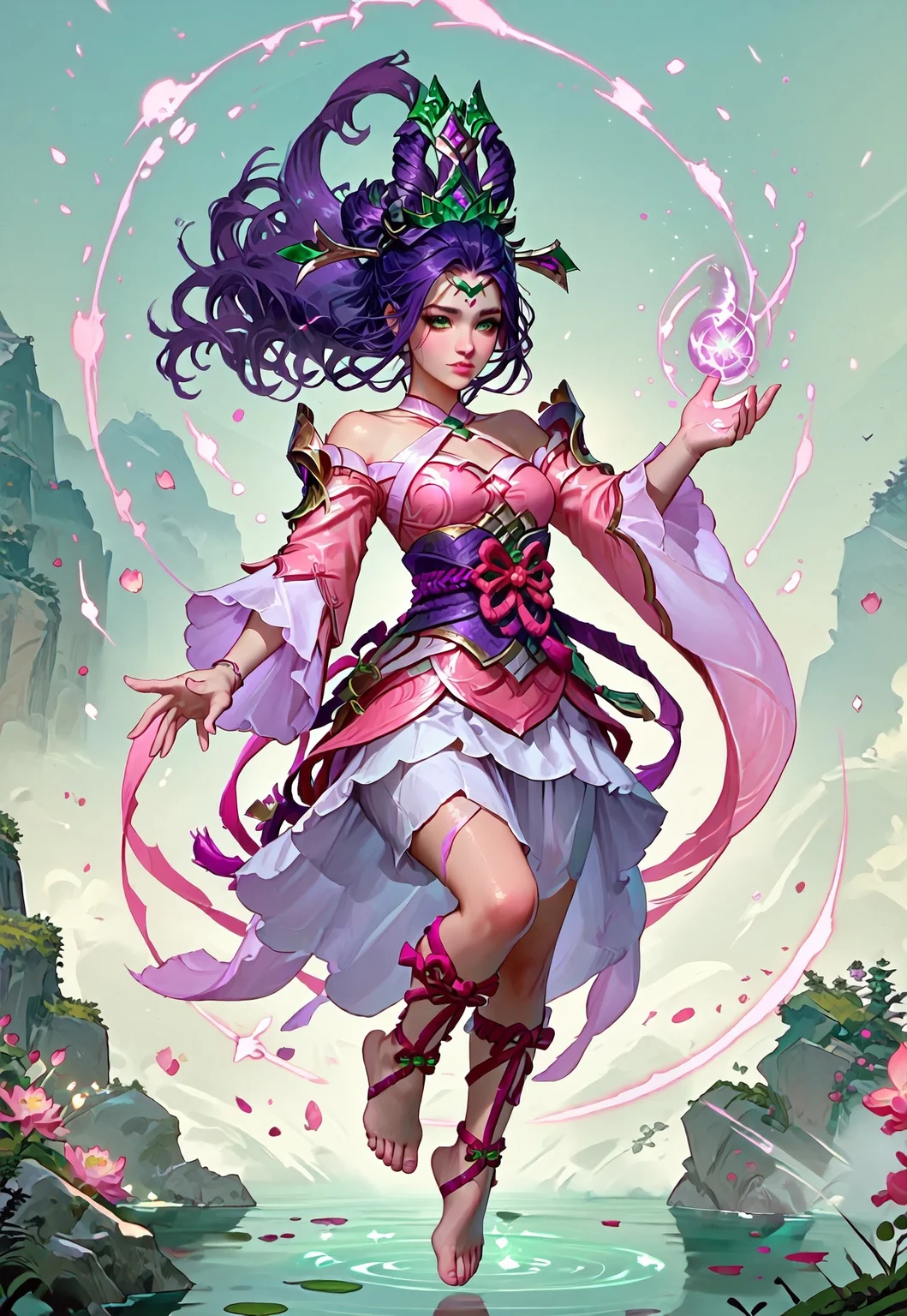 ((zPDXL3)), ((masterpiece,best quality, highly detailed)), ((score_9)), score_8_up, score_7_up, score_6_up, score_5_up, score_4_up, Digital painting style, brushstrokes, ((EnhanceImage)), solo, 1girl, JannaSSPXL, green eyes, purple hair, long hair, hair ornament, forehead, medium breasts, bare shoulders, pink dress, detached sleeves, long sleeves, purple sash, pink ribbon, white skirt, leg ribbon, barefoot,
Expressiveh, 30yo, adult lustful confident woman, petite, slender body, perky saggy natural breasts, full lips, bangs, sidelocks, straps,
chinese magical sorceress, animated, swirling magic, wisps of magic, dancing pose, tight squeezed outfit, magical accessories, evoking motion, conveying motion, dynamic splash art,
<lora:PainterlyFantasiaPDXL:0.6>,