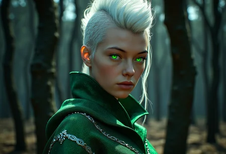 civitametapunkFLUX_Fem, 1girl,solo, light skin. 
A young female (evil witch) hyper realistic and highly  detailed with a mohawk hair and the sides of his hairstyle is short and neat, white hair.
Her eyes are bright green.
She is wearing a green robe with magical silver details. 
The background is a dense, dry forest with black trunks.
She is looking at the camera with a slightly evil face.
The lighting is dramatic, coming from a full moon in the open sky.
hkmagic