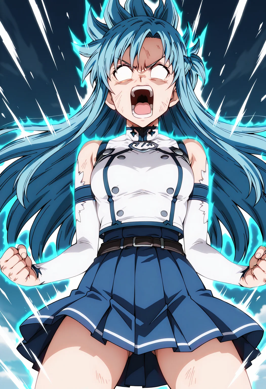 masterpiece, best quality, high resolution, source_anime, highly detailed illustration, detailed eyes,
very aesthetic, absurdres, newest, amazing quality,
1girl, solo, asuna \(sao\),
<lora:shidbzpowerupV1ill:1>, shidbpowerup, open mouth, blue hair, no pupils, pleated skirt, teeth, glowing, spiked hair, aura, shouting, super saiyan, screaming