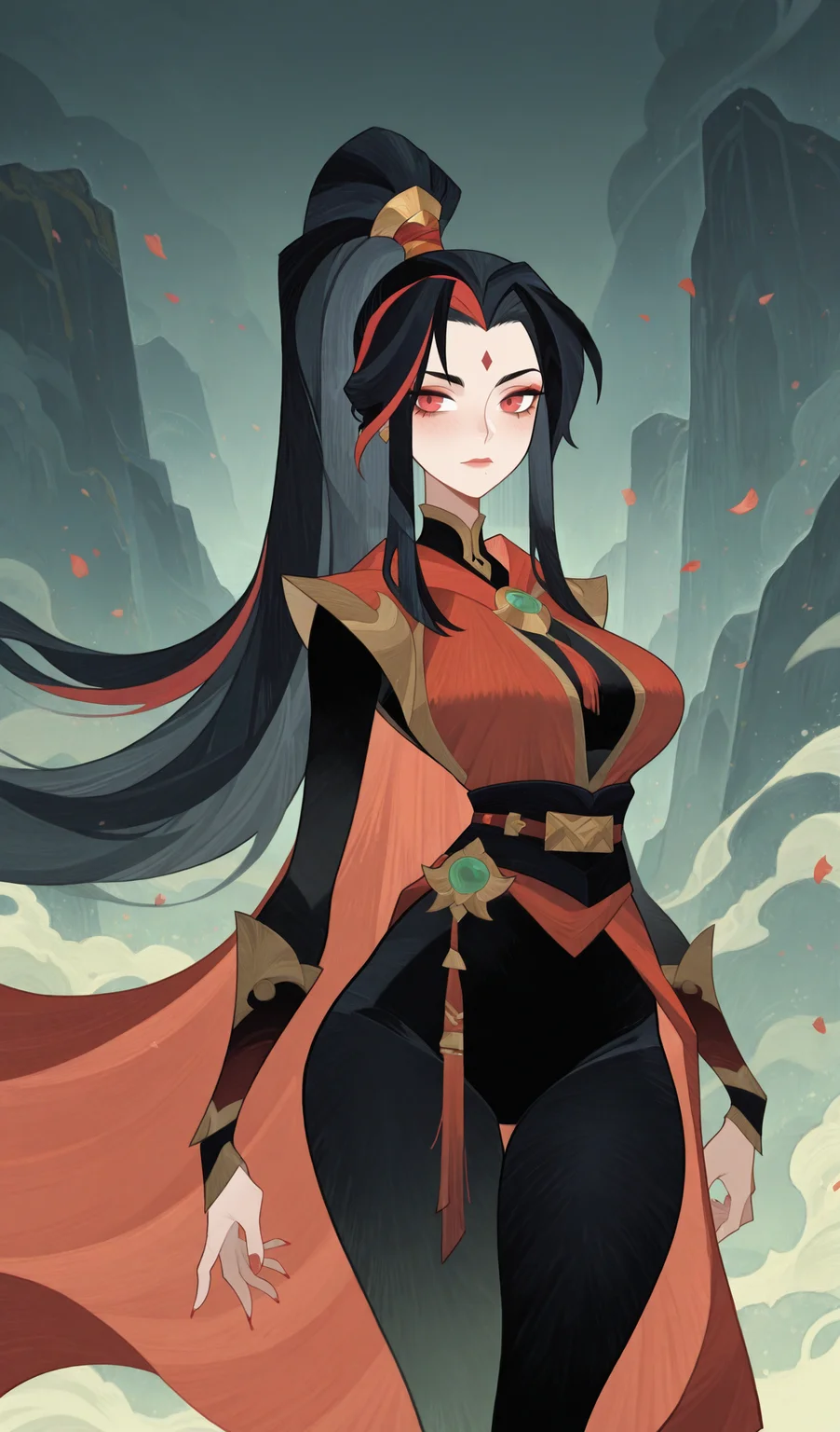 , masterpiece, best quality, amazing quality, absurdres, very aesthetic
<lora:Mulan_arena-e100_s1600:1> Mulan_arena, asian woman, athletic build, long black hair, red eyes, high ponytail, hips, black bodysuit, red cloak, gold accents, jade brooch, waist belt <lora:afkArenaIllustrious:1> AfkArenaStyle