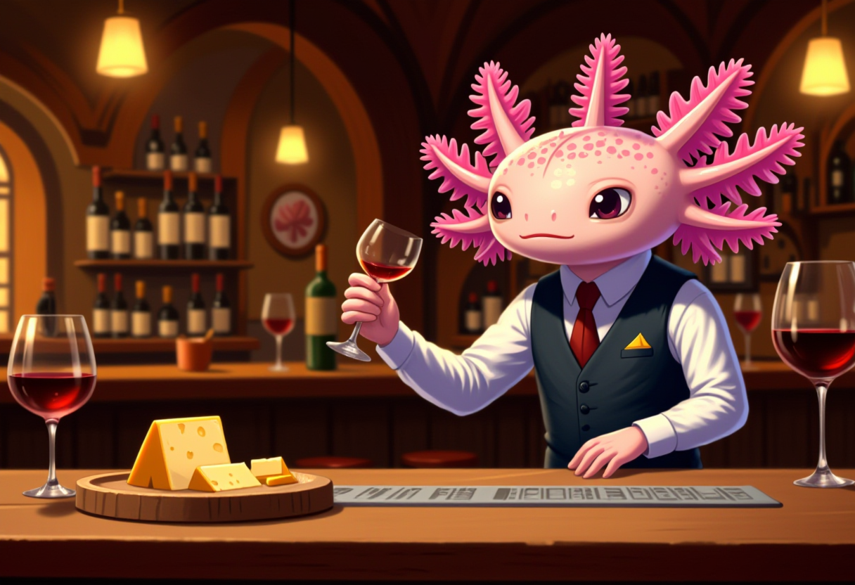 broken age of, axolotl bartender, in a wine bar, serving wine and cheese, wearing a classy vest, elegant and sophisticated setting, the axolotl has pink frilly gills and pink skin