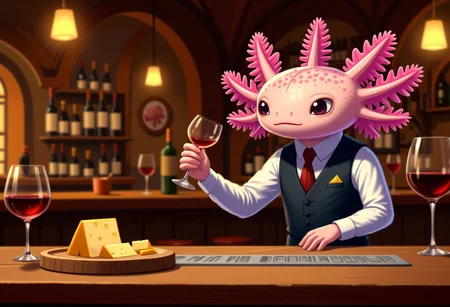 broken age of, axolotl bartender, in a wine bar, serving wine and cheese, wearing a classy vest, elegant and sophisticated setting, the axolotl has pink frilly gills and pink skin