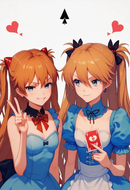 score_9, score_8_up, score_7_up, 2girls, alice in wonderland style, Asuka Langley, blue dress, detached collar, Queen of Hearts, holding card, smug grin, Ami Arakawa