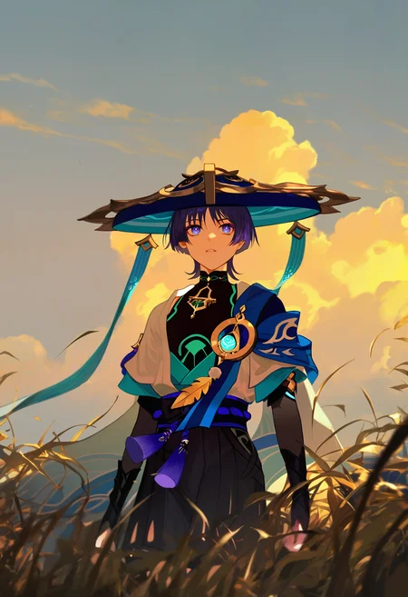 1buk1s4tsuk1, masterpiece, best quality, good quality, newest, very awa, absurdres, highres, 1boy, wanderer \(genshin impact\), scaramouche \(genshin impact\), grass, gold theme, sunset, cowboy shot, dynamic composition, blue eyes, hat, outdoors, facing the viewer, looking up, cloud, <lora:None:1.0>