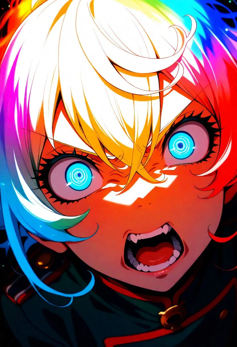 masterpiece, best quality, amazing quality, very aesthetic, absurdres, newest, 1girl, TanyDegurechaff, teeth,anime screencap, open mouth, angry eyes, anger, angry, anime effect of anger on the head, looks directly at the viewer, very close, very close head, detailed eyes, luminous blue eyes, fisheye effect, upper body, military uniform, backlighting, from above, dutch angle, , masterpiece, best quality, amazing quality, very aesthetic, absurdres, newest, soft light, explosion of colors, masterpiece, best quality, colorful, bright, multicolored, bright colors of paint, masterpiece, best quality, amazing quality, very aesthetic, absurdres, lots of multicolored rainbow light, focus on the face, lots of soft light, soft colors, lots of colorful particles