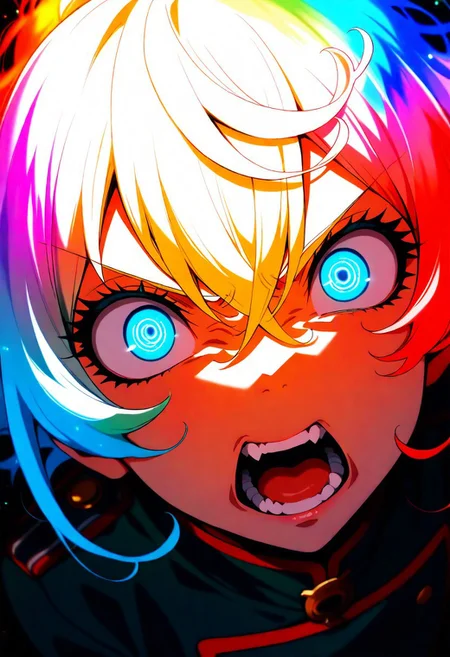 masterpiece, best quality, amazing quality, very aesthetic, absurdres, newest, 1girl, TanyDegurechaff, teeth,anime screencap, open mouth, angry eyes, anger, angry, anime effect of anger on the head, looks directly at the viewer, very close, very close head, detailed eyes, luminous blue eyes, fisheye effect, upper body, military uniform, backlighting, from above, dutch angle, , masterpiece, best quality, amazing quality, very aesthetic, absurdres, newest, soft light, explosion of colors, masterpiece, best quality, colorful, bright, multicolored, bright colors of paint, masterpiece, best quality, amazing quality, very aesthetic, absurdres, lots of multicolored rainbow light, focus on the face, lots of soft light, soft colors, lots of colorful particles