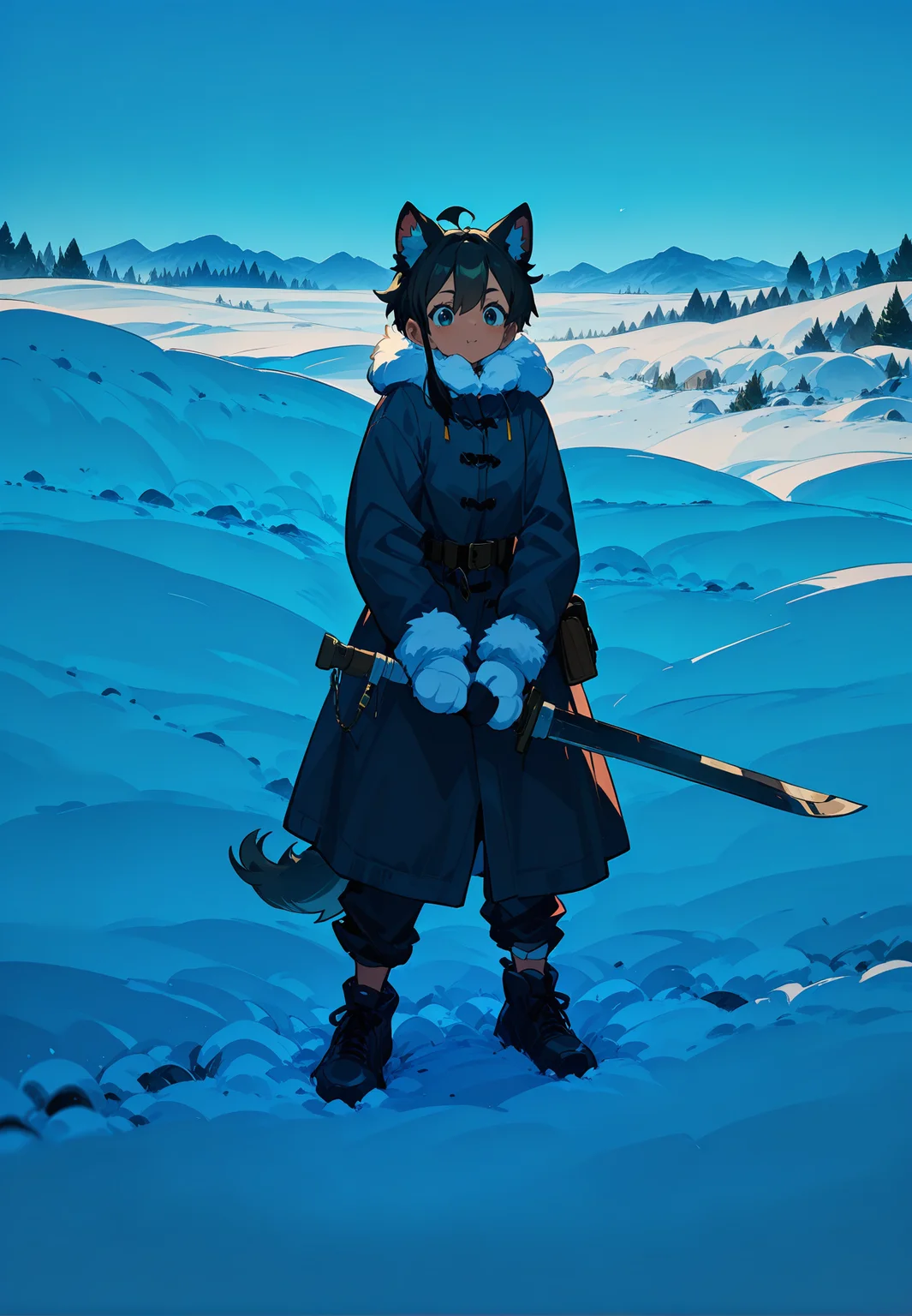 1girl,   black hair,  asymmetrical hair,          
BREAK  1girl, holding sword, long sword, standing, two-handed,         
BREAK             bandage on body,    tomboy,  Eskimos Tribal Fur-Parka, Fur-Gloves,  snowy field, (winter clothes, thick clothes),       
BREAK general, masterpiece, best quality, absurdres, highres, newest, <lora:Alcedinidae_v1.2:0.8>